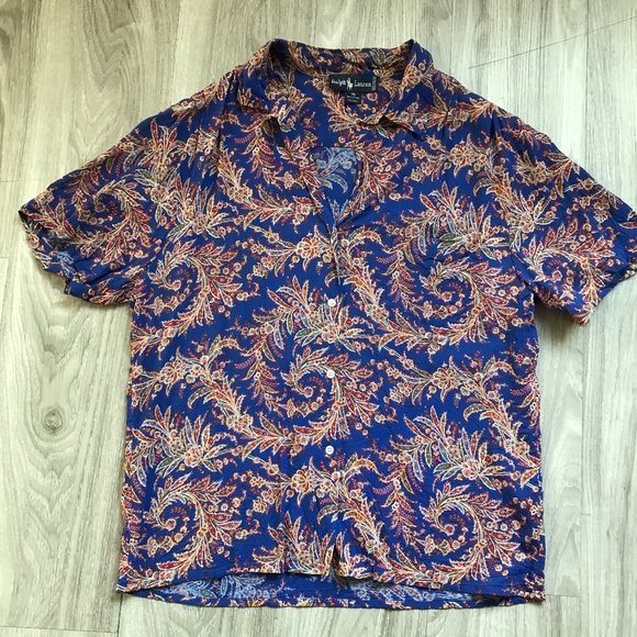 Vtg Ralph Lauren Camp Shirt Blue Paisley Short Sleeve Womens 14 - Picture 1 of 7